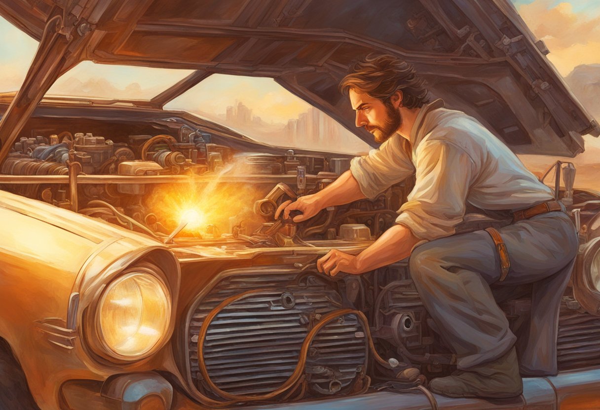 A mechanic examines a car engine with an open air filter housing, inspecting for oil contamination