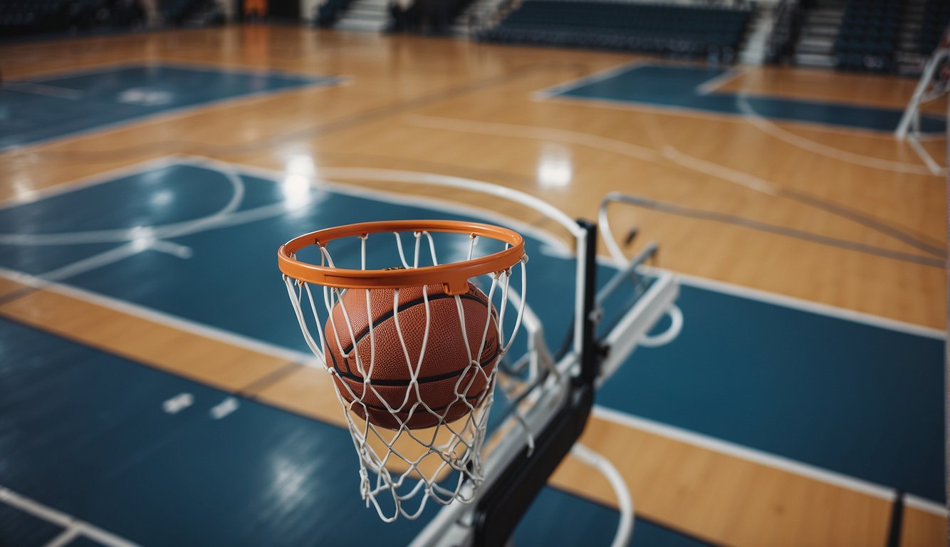 A basketball court with hoops, backboards, and lines. Various basketballs scattered around. No humans present