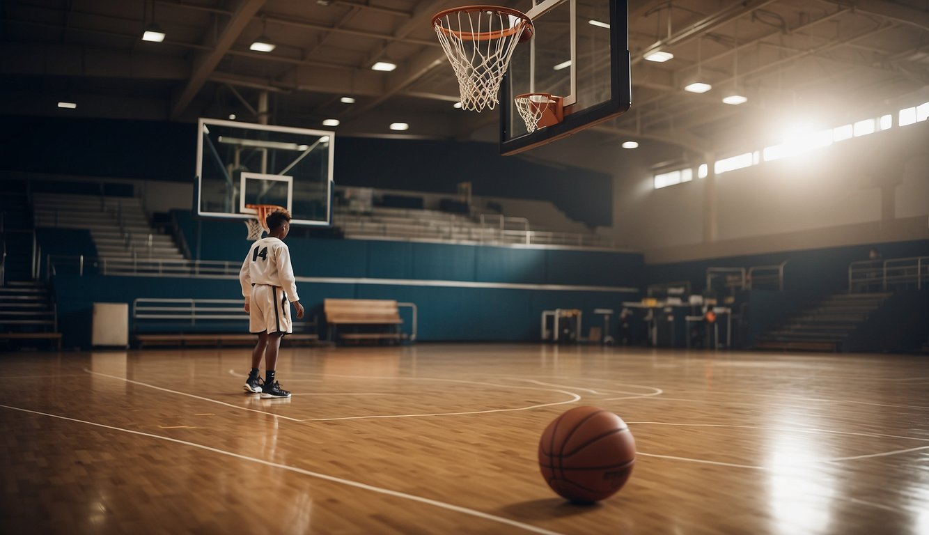 A basketball court with a player holding a basketball, a doctor performing a physical exam, and a sign asking "Need a physical for basketball?"