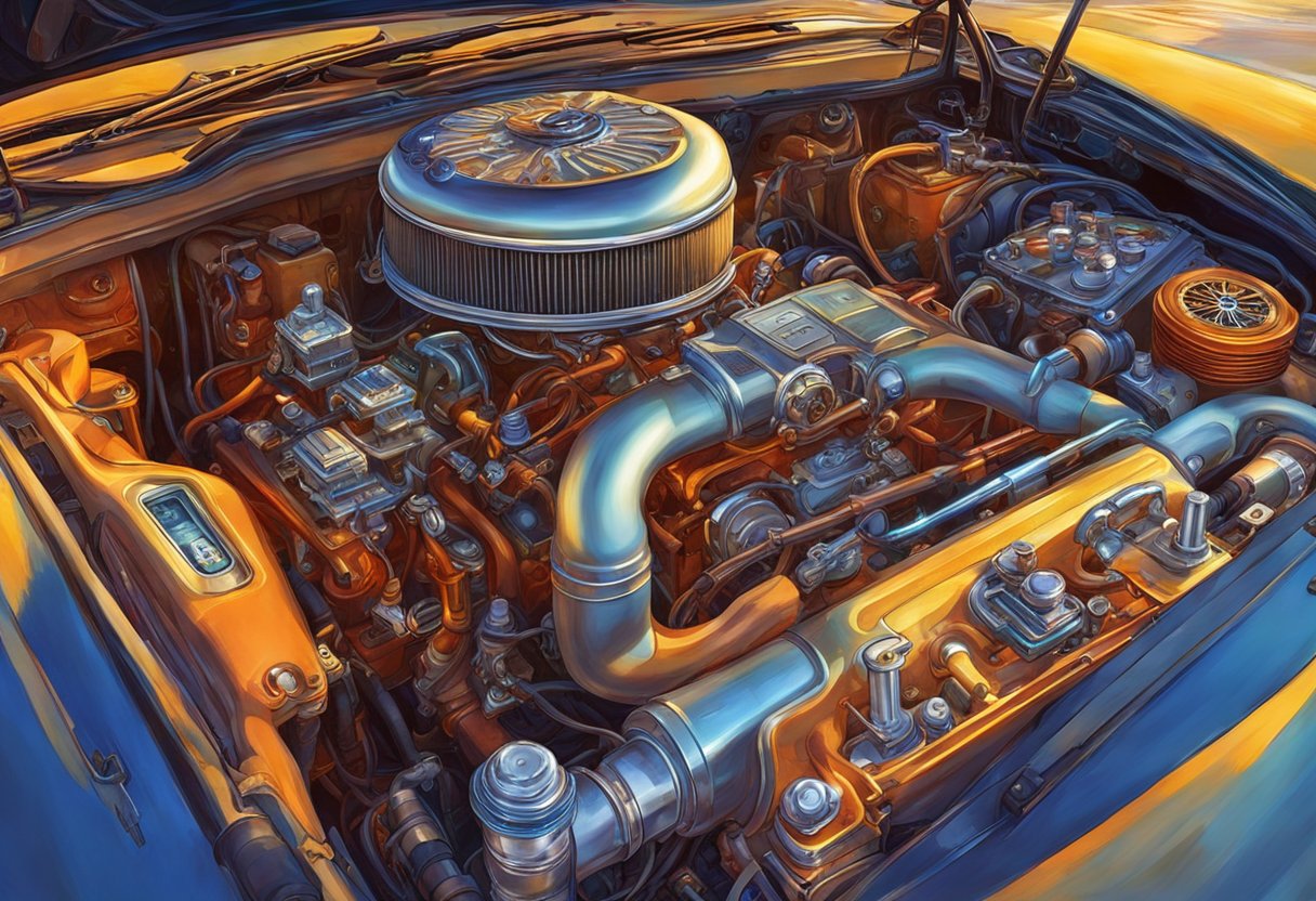 The engine compartment of a car with an open hood, showing the EGR valve and surrounding components. Wires and connectors are visible, with a diagnostic tool connected for troubleshooting