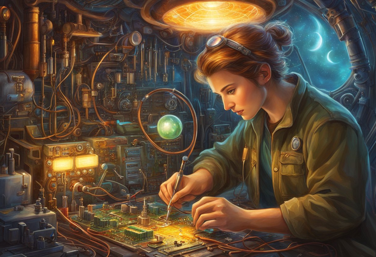 A technician soldering wires on a circuit board, surrounded by diagnostic tools and a vehicle engine
