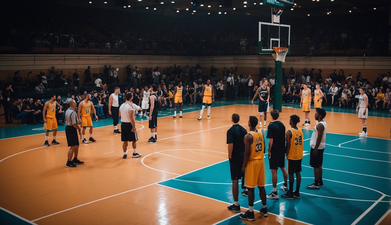 A basketball court with historical figures and famous players gathered for a physical examination