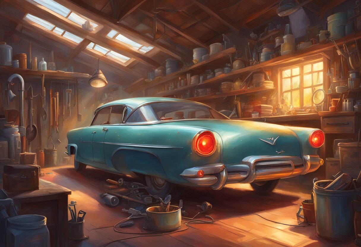 A car with a broken tail light sits in a well-lit garage, surrounded by tools and a mechanic's workbench