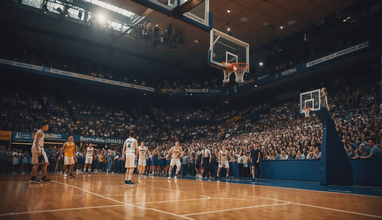 A basketball court with a hoop and ball, surrounded by cheering fans and players in uniforms