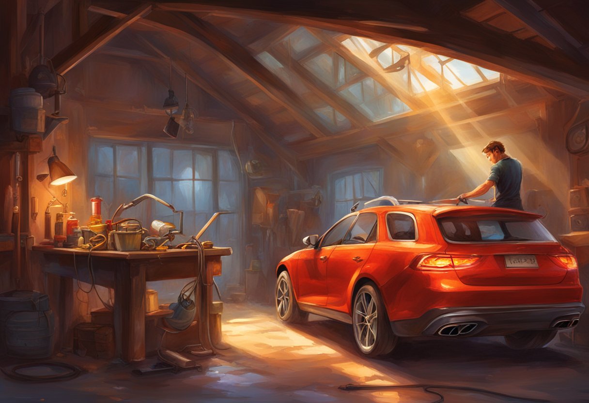 A mechanic replacing a broken tail light on a car in a well-lit garage, using tools and a new tail light assembly