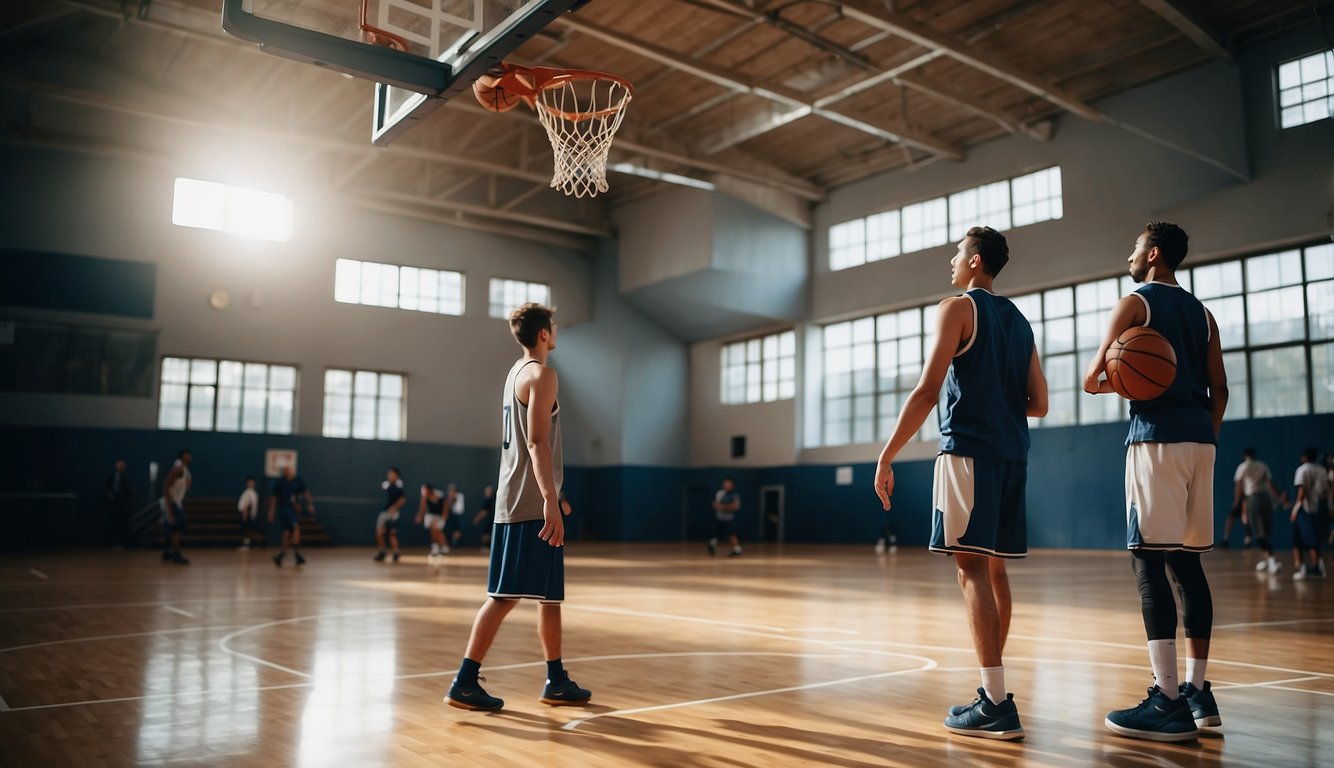 A basketball court with a diploma hanging on the wall, a basketball player practicing on the court, and a coach instructing the player