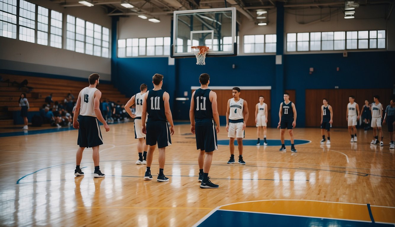 A basketball court with players practicing drills and coaches providing instruction