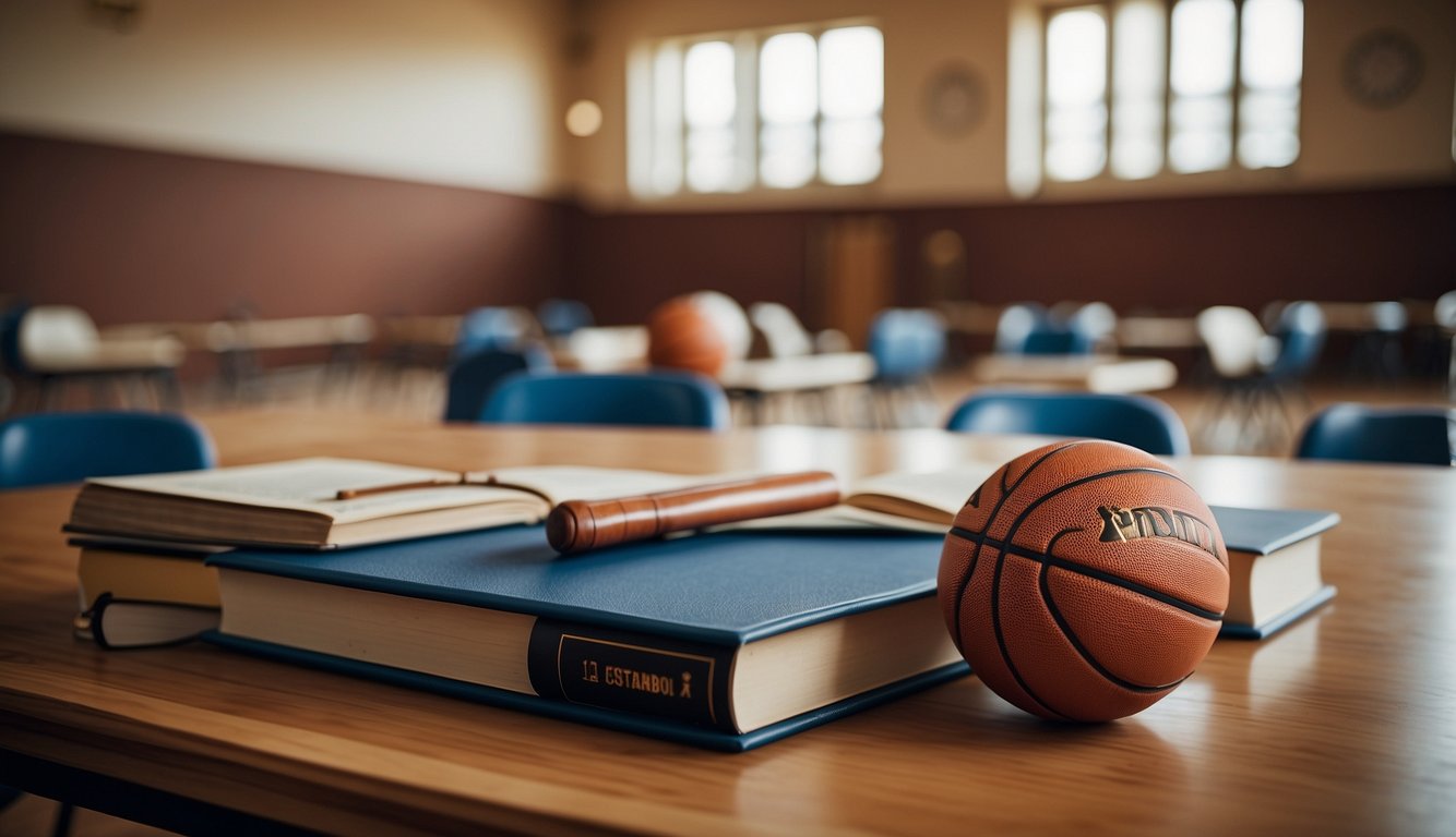 A basketball court with a diploma and sports gear, surrounded by books and a classroom setting, representing the intersection of education and sports