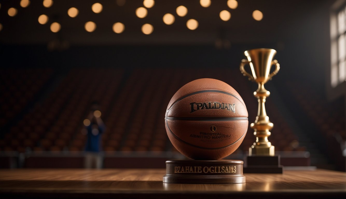 A basketball with a diploma and a jersey on a pedestal. A spotlight shines on it, emphasizing the importance of education and skill in the sport