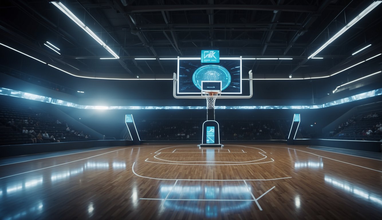 A futuristic basketball court with holographic displays and AI-coached players. Virtual reality headsets and advanced training equipment are in use