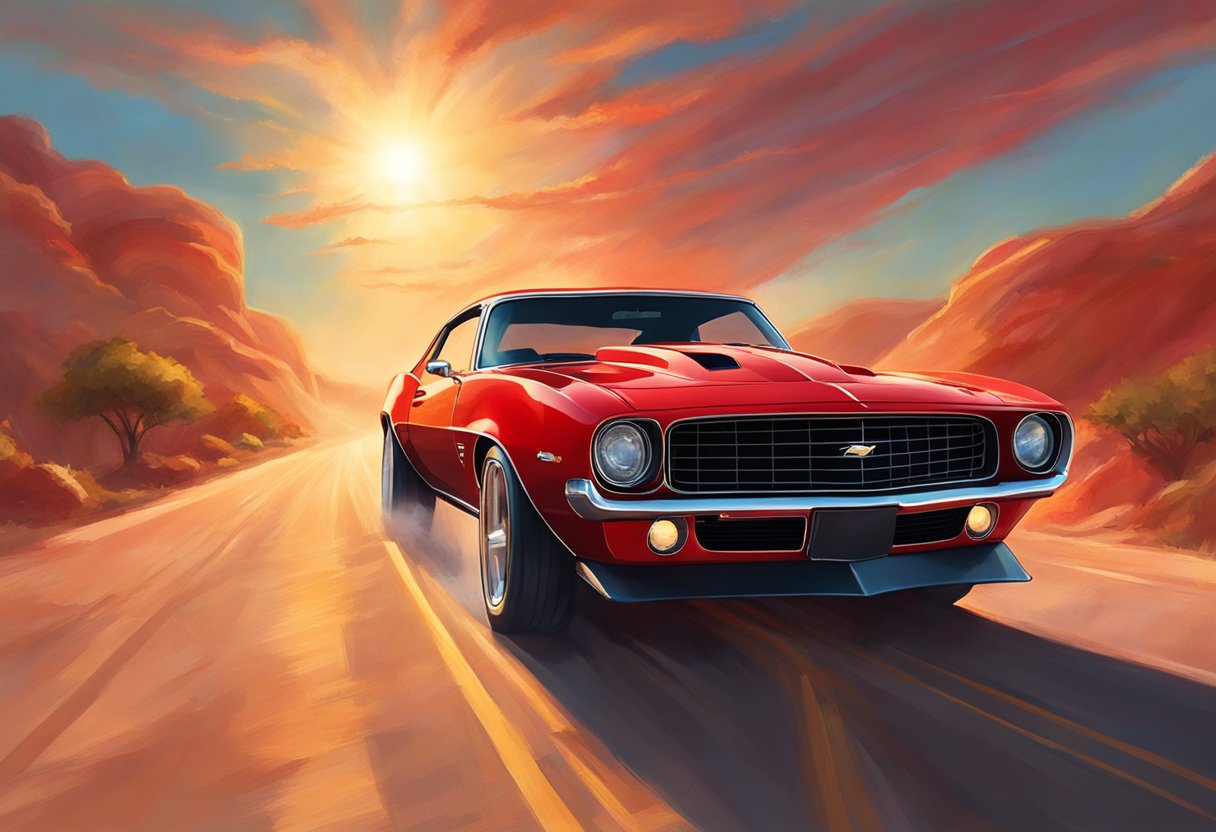 A red Camaro speeds down a straight road, dust kicking up behind it. The sun shines brightly in the sky, casting a shadow of the car on the pavement