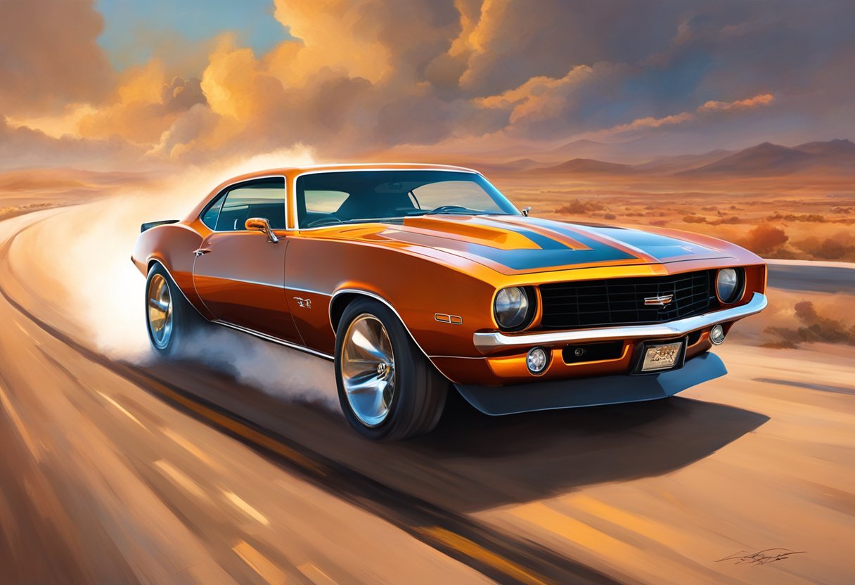 A sleek, powerful Camaro speeds down an empty highway, its engine roaring and tires gripping the pavement as it leaves a trail of dust behind