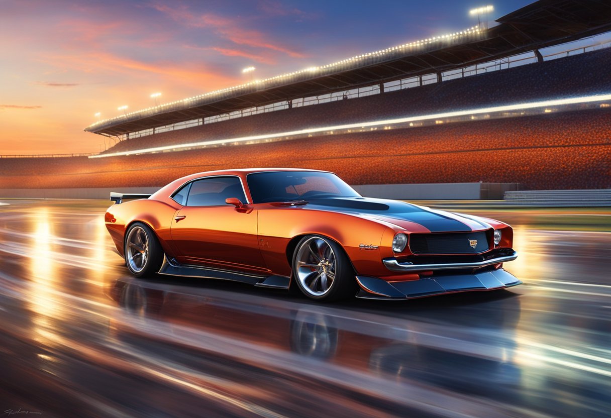 A row of sleek, customized Camaros lined up on a racetrack, each one boasting unique special edition features and packages. The cars gleam under the bright lights, exuding power and speed