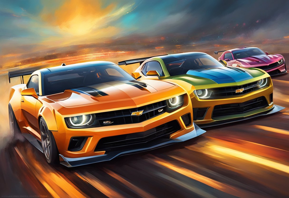 A lineup of Camaros racing on a track, showcasing their speed and performance. The cars are sleek and powerful, with dynamic angles and intense motion