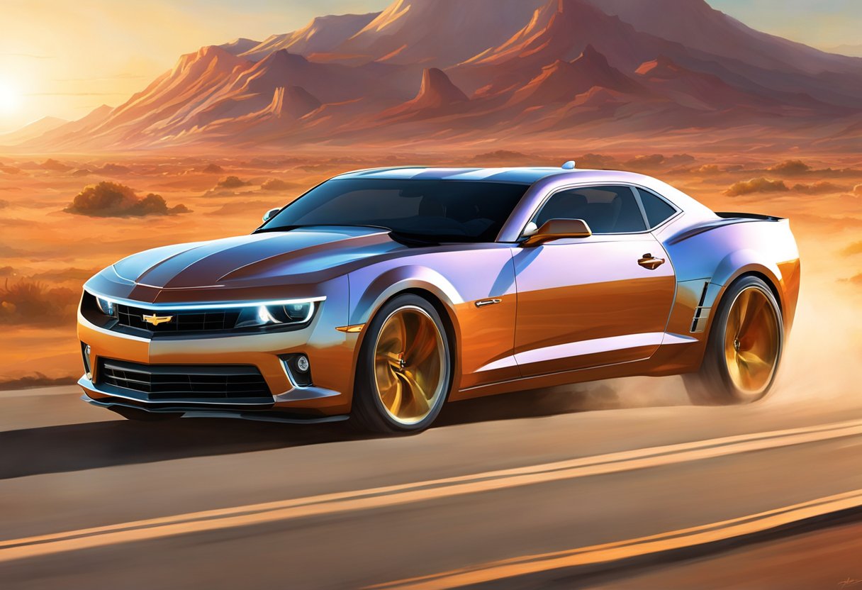 A sleek, modern Camaro speeds down a long stretch of road, leaving a trail of dust in its wake. The sun glints off its polished exterior, highlighting the cutting-edge technology that powers this impressive machine