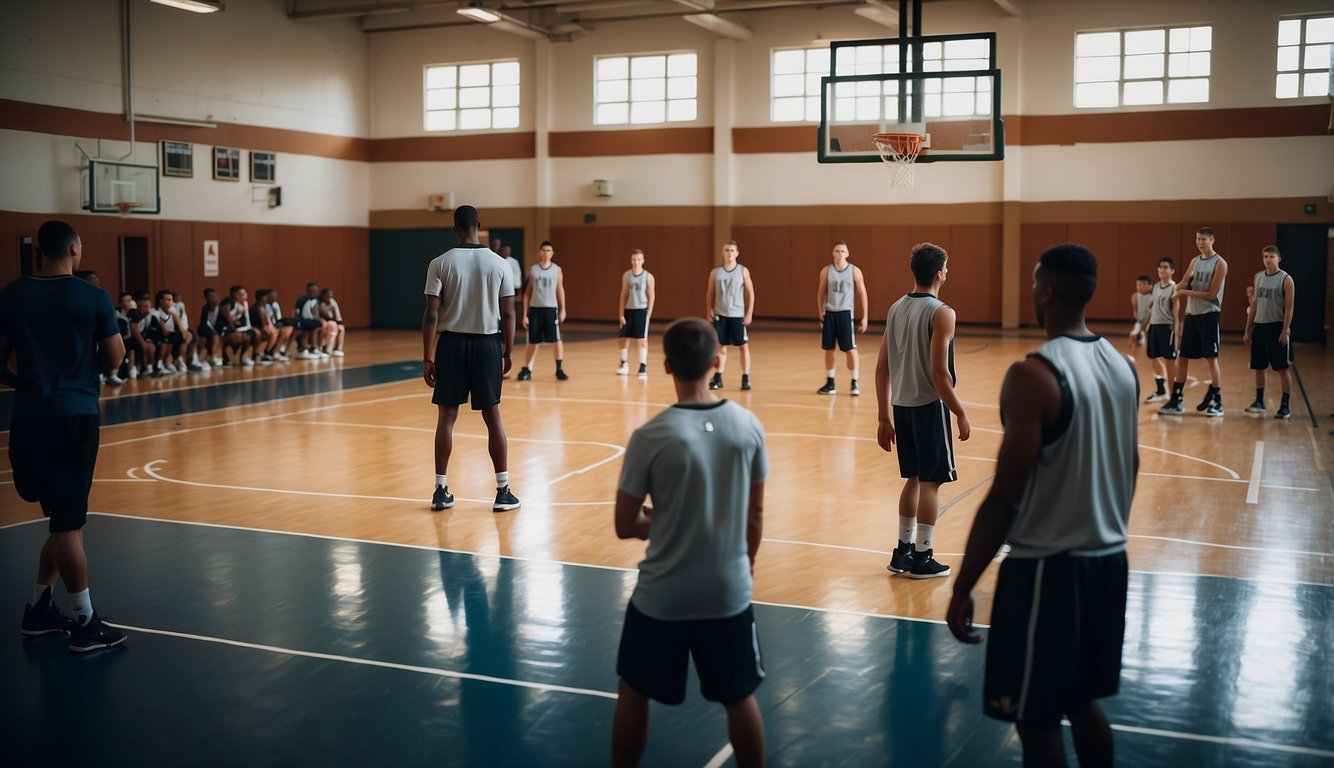 A basketball court with players practicing drills, a whiteboard with coaching strategies, and a coach instructing and observing the team