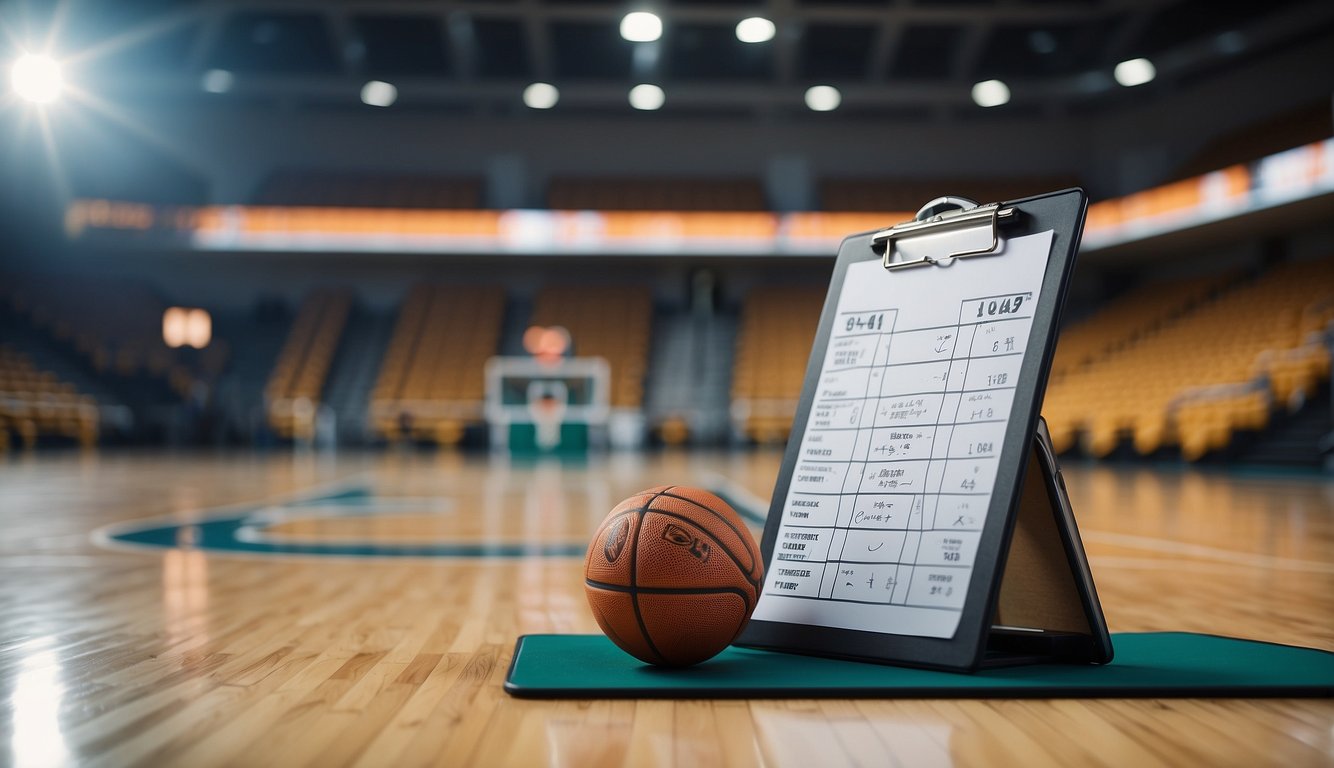 A basketball court with a coach's clipboard, whistle, and basketballs scattered around. A whiteboard with plays drawn on it in the background