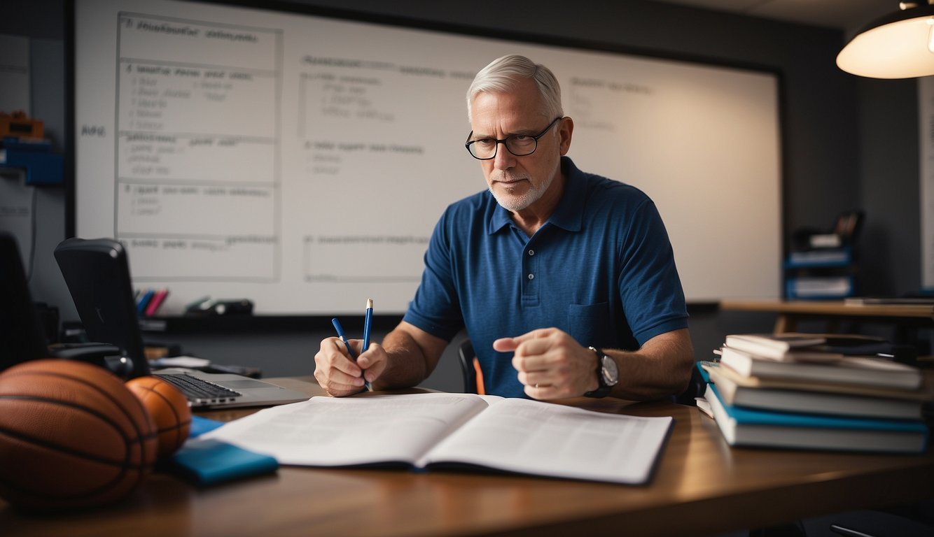 A basketball coach studying plays, diagrams, and strategies, surrounded by coaching books and a whiteboard