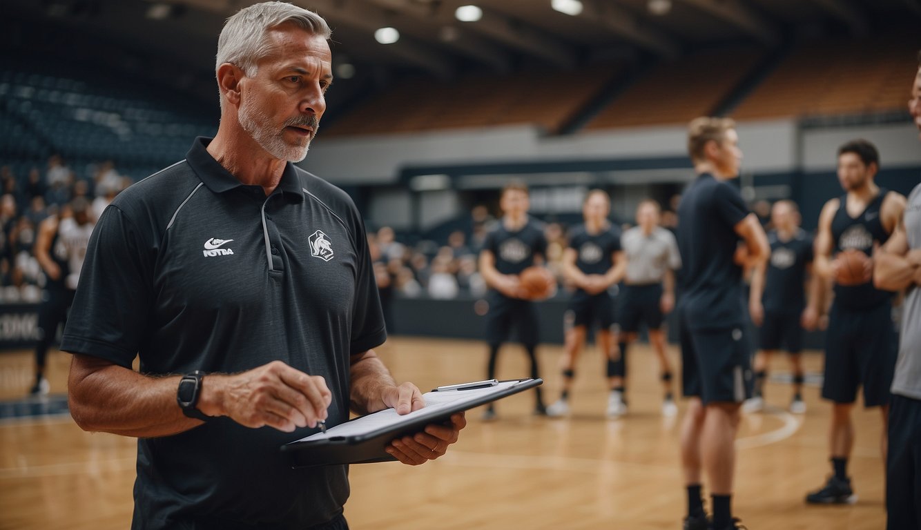 A basketball coach stands on the court, instructing players with a clipboard in hand. A whiteboard with diagrams is nearby. The coach wears a whistle around their neck