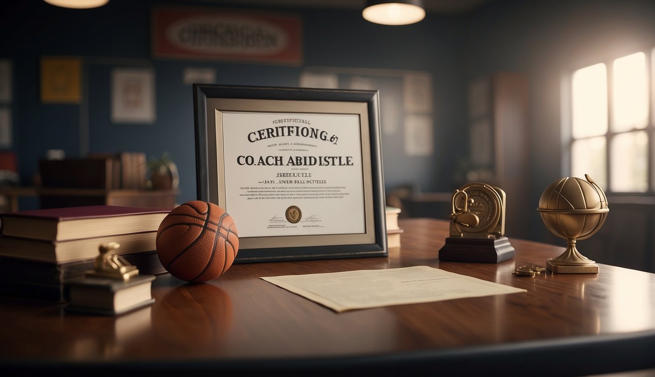 A basketball court with a coach's whistle and a diploma on the wall. A "Certification and Licensing" sign hangs above the coach's desk