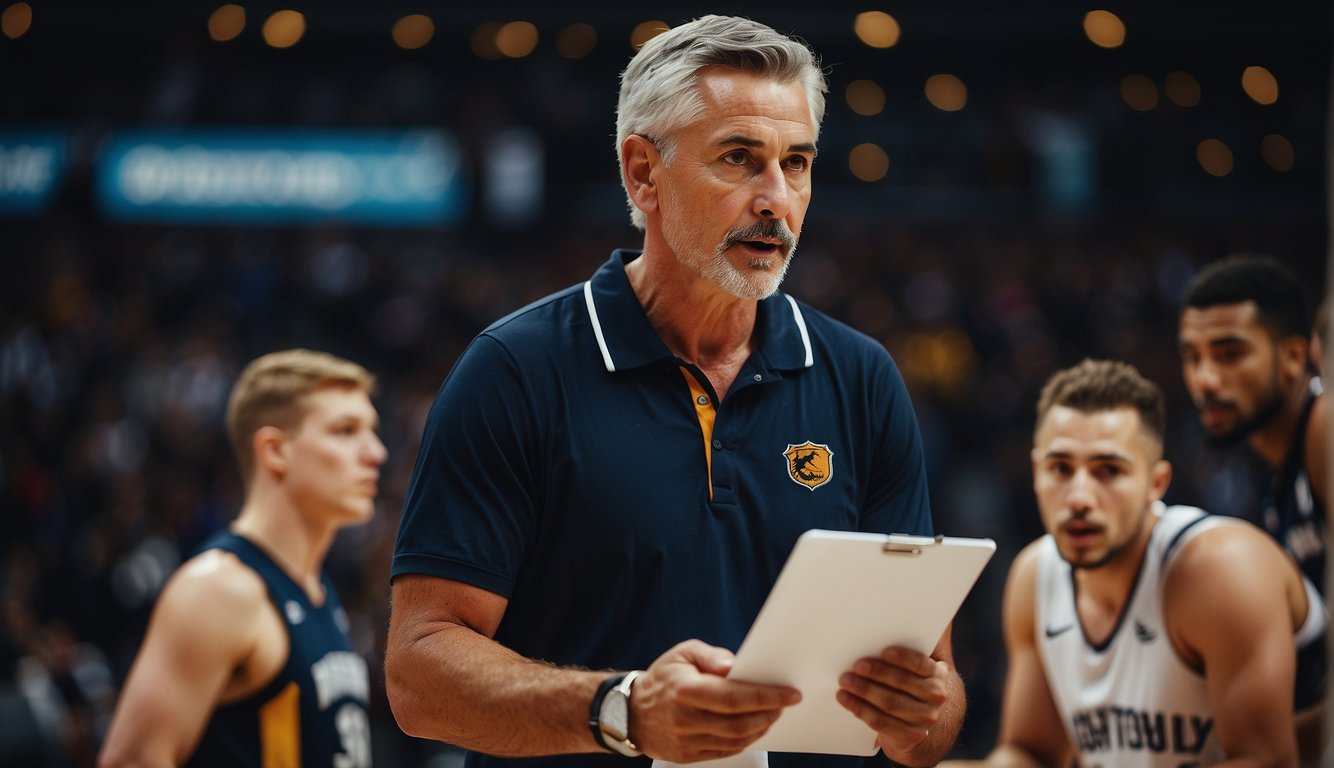 A basketball coach instructs players on the court, using a clipboard and whistle