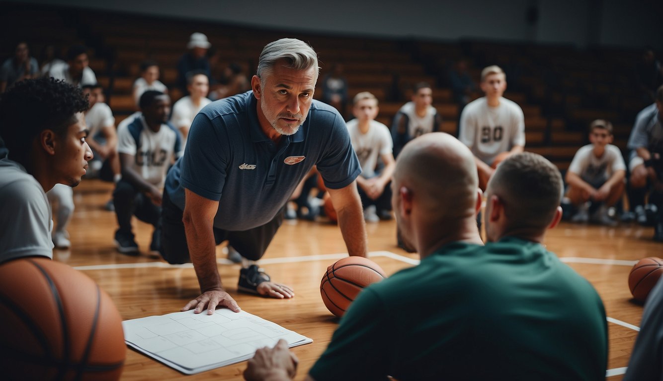 A basketball coach strategizes on the court, surrounded by eager players and a whiteboard filled with game plans