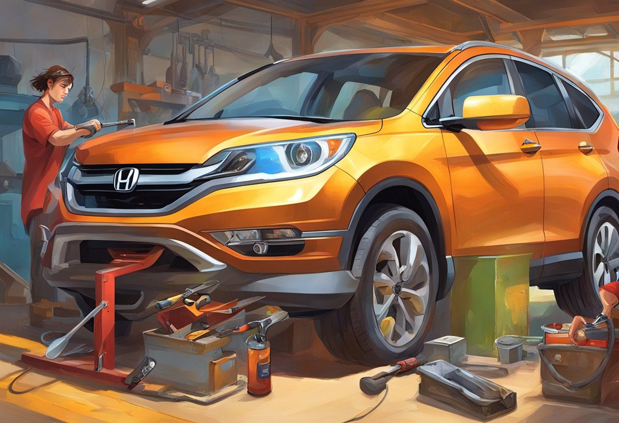 A mechanic using tools to fix a Honda CR-V's electric parking brake, following a step-by-step guide from themotorguy.com