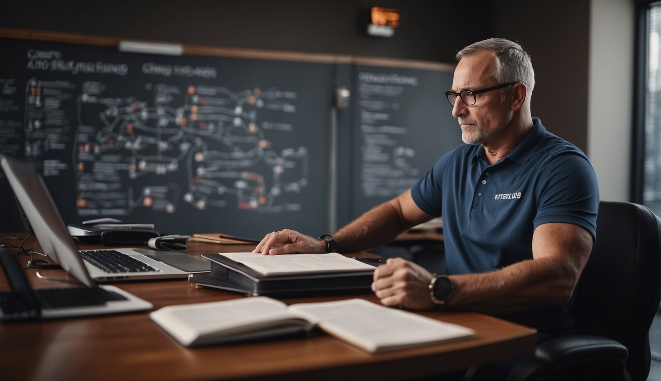 A basketball coach studying books and online resources, surrounded by coaching equipment and a whiteboard with strategic plays drawn on it