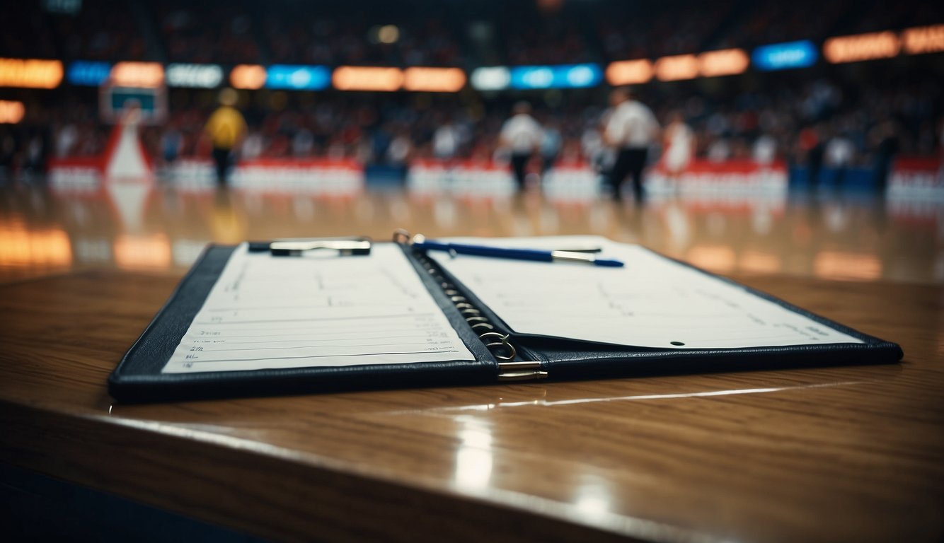 A basketball court with a coach's clipboard, whistle, and players in action