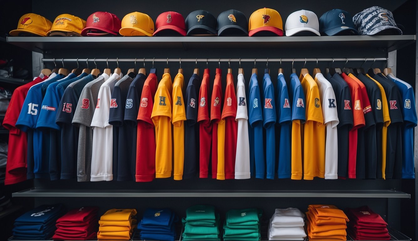 Basketball uniforms hang neatly on display racks in a sports store. Brightly colored jerseys and shorts are neatly folded and stacked on shelves