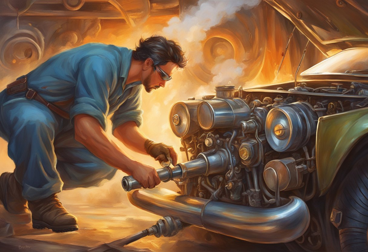 A mechanic inspects a car engine, removing the piston rings. Smoke billows from the exhaust, indicating a bad piston ring. Oil drips from the engine, a sign of wear and tear