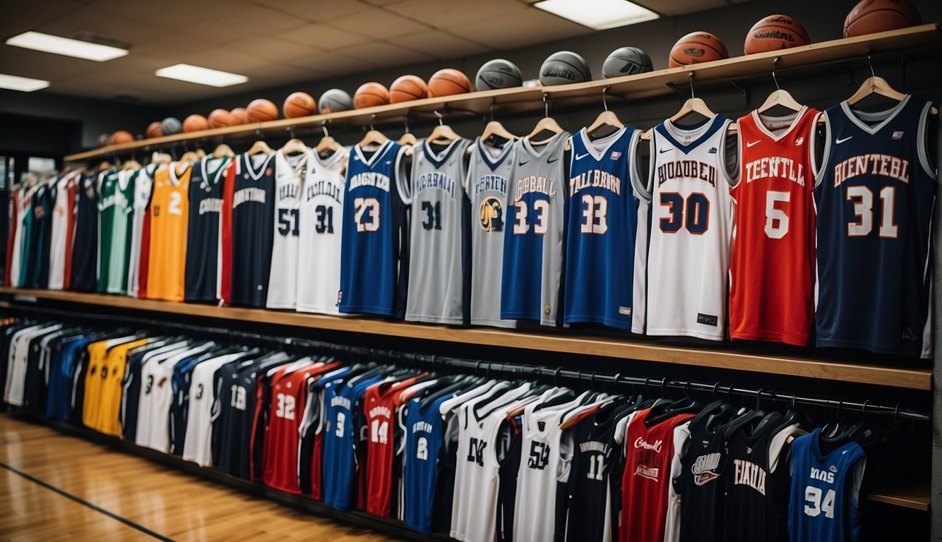 Basketball uniforms displayed on racks in a sports store with various sizes and team colors available for purchase