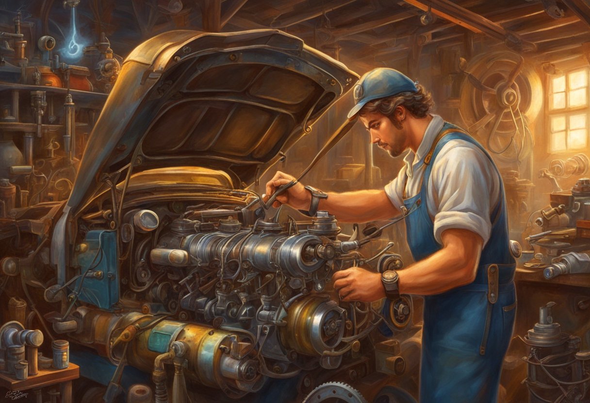 A mechanic inspecting an engine, looking for signs of wear on the piston rings. Tools and diagnostic equipment are scattered around the work area