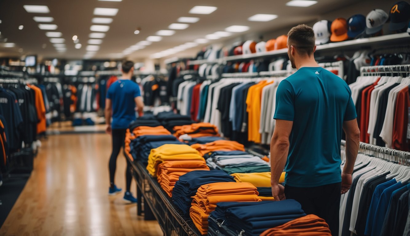 Basketball players browse through racks of uniforms from popular brands and designers in a sports store