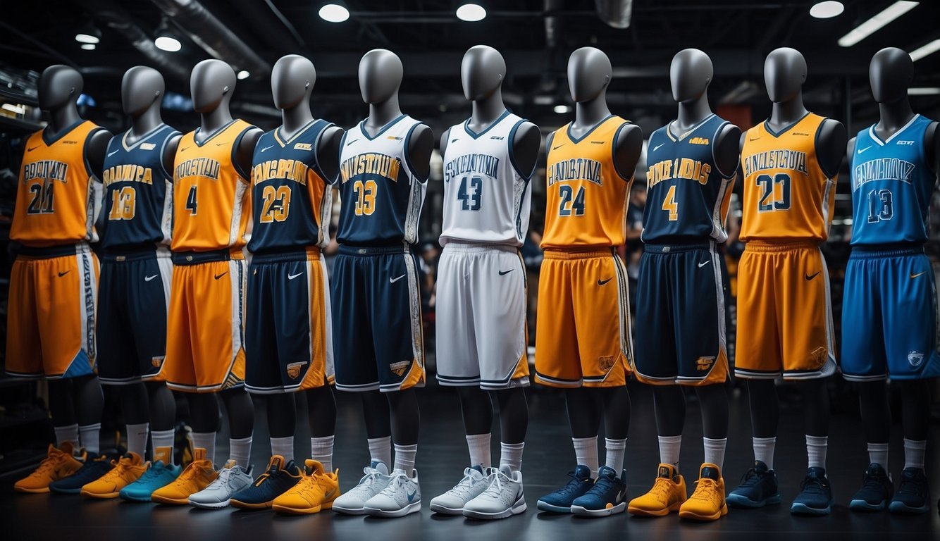 A display of high-tech basketball uniforms in a sports store. Cutting-edge fabrics and sleek designs highlight performance features