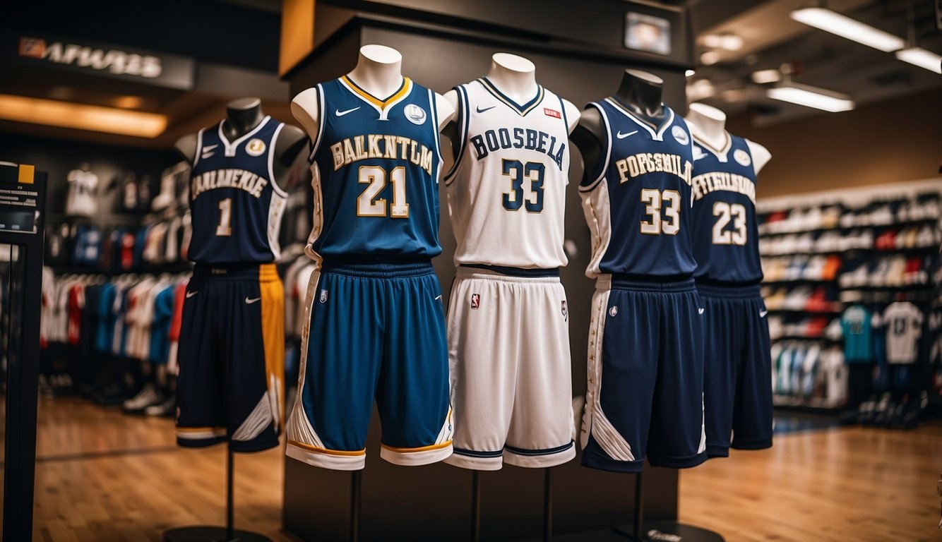 Basketball uniforms displayed in a sports store, with various options for customization and personalization. Shelves lined with jerseys, shorts, and shoes