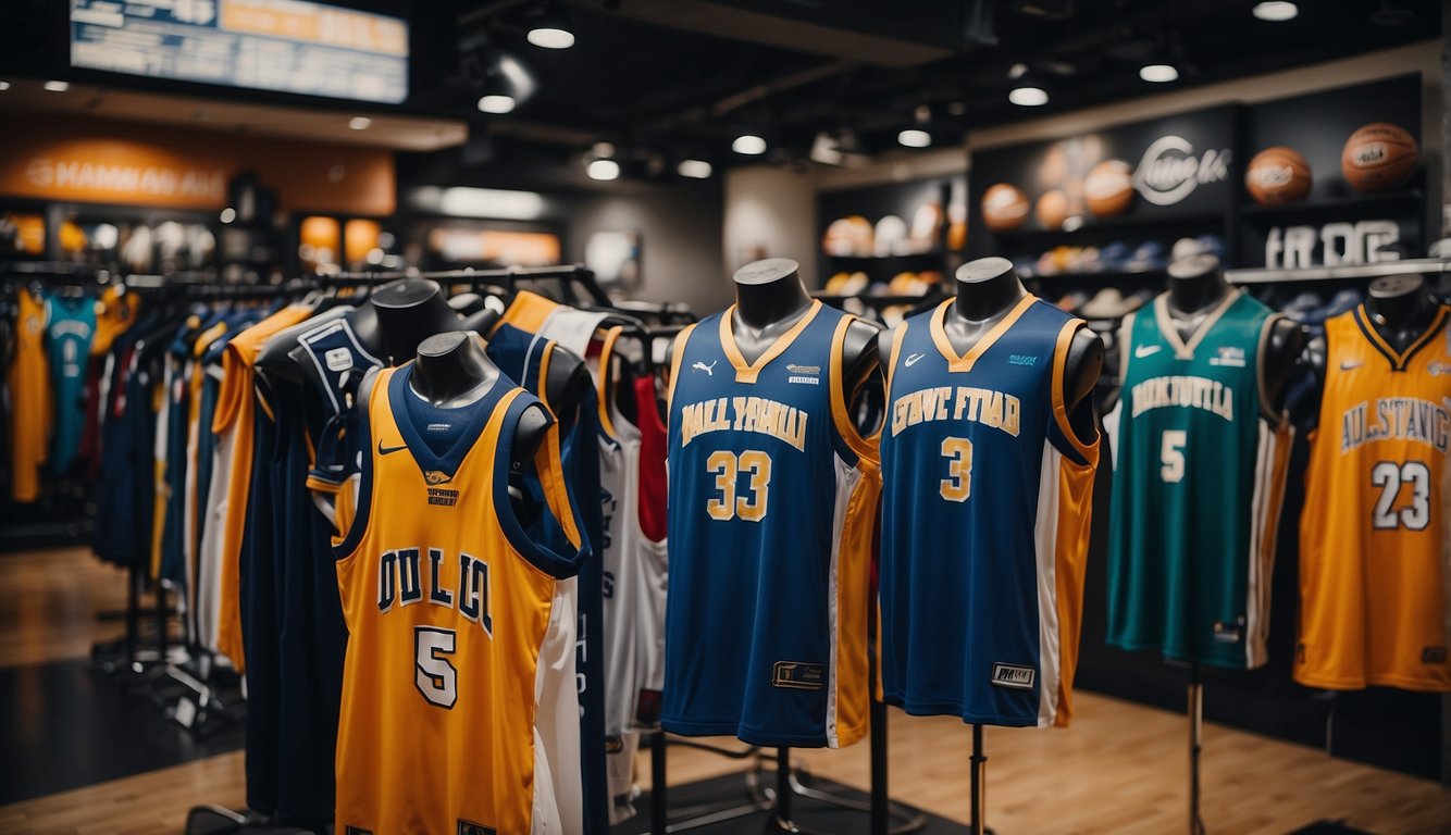 Basketball players purchase uniforms at a licensed sports store. Logos of sponsors are displayed prominently on the jerseys