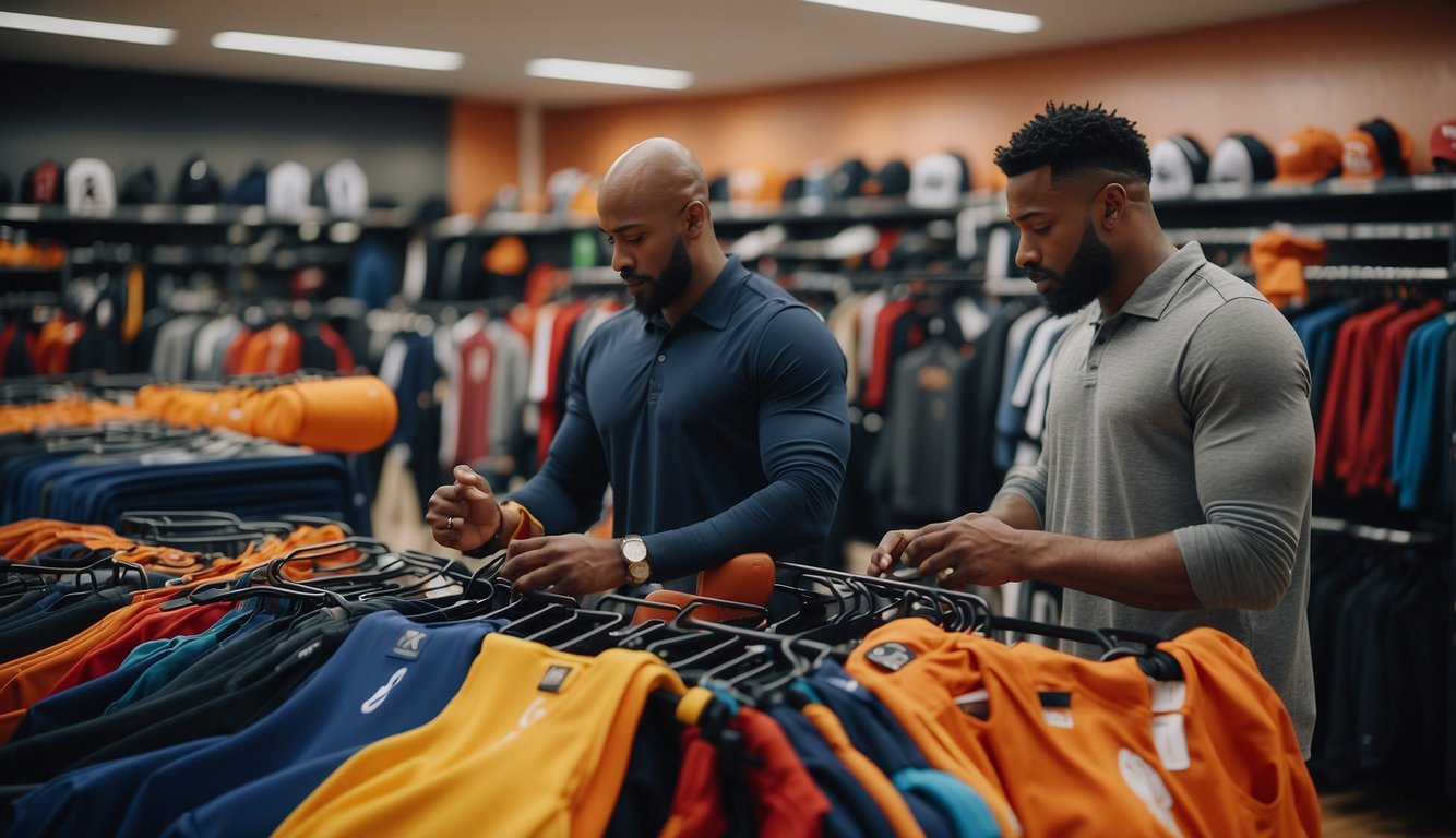 Basketball players browse through racks of uniforms at a sports store, checking for sizes and styles that comply with regulations and standards