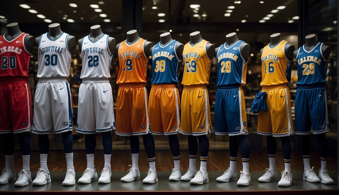 Basketball jerseys and shorts on display in a sports store window, with a sign advertising "official team uniforms."