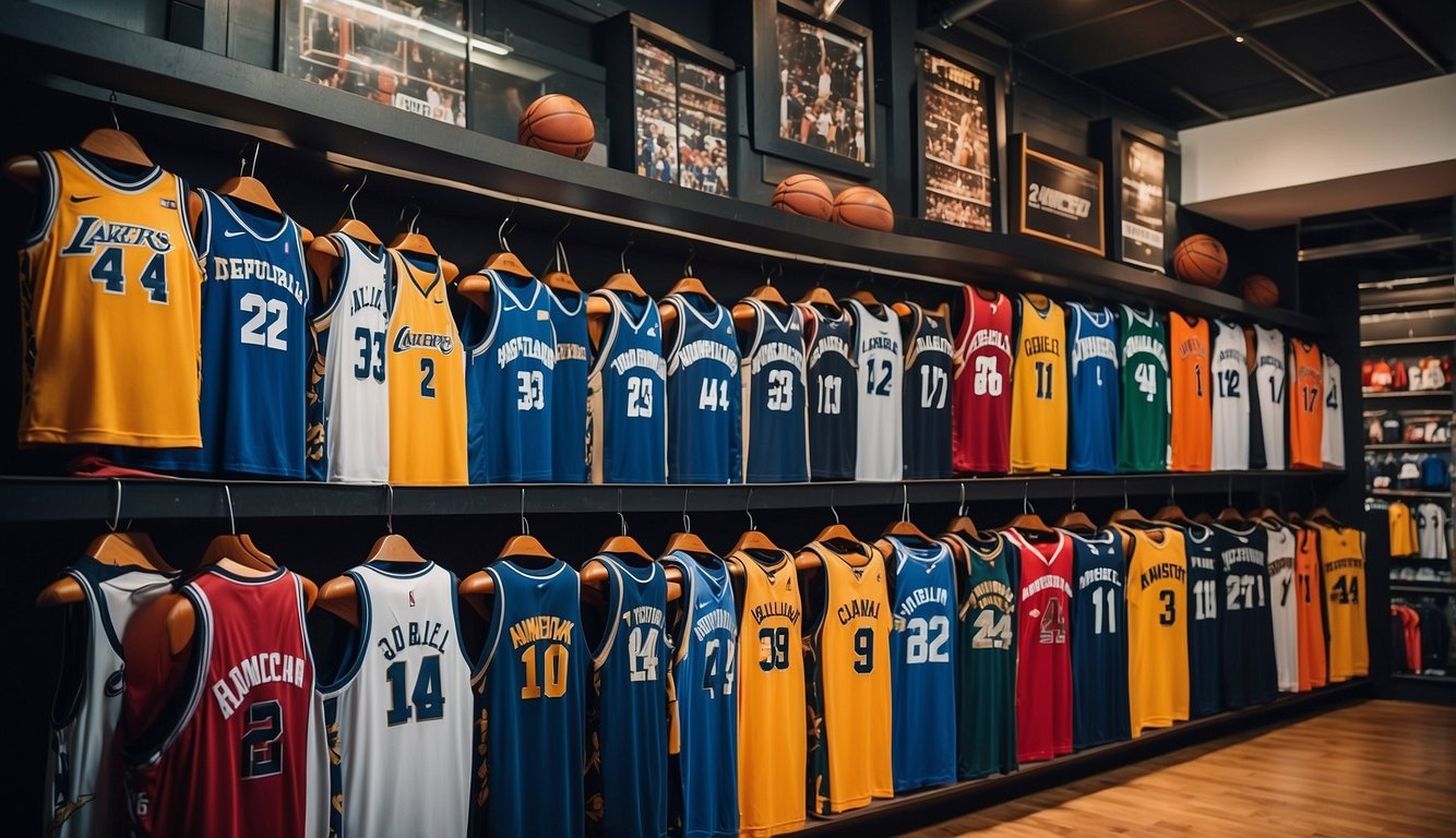 Basketball jerseys displayed on racks in a sports store. Logos and player names prominent. Bright colors and various sizes available