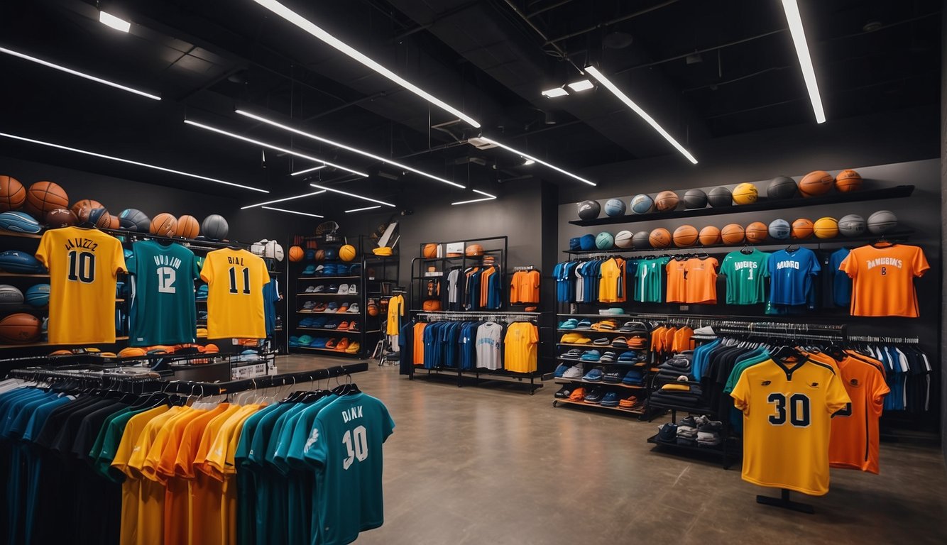 A modern sports store with shelves of colorful basketball uniforms and accessories. Customers browse through the latest styles and technology in athletic apparel