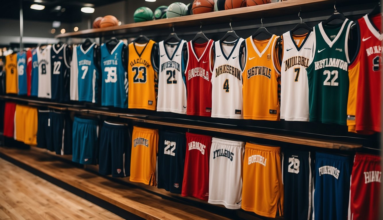 Basketball uniforms displayed in a sports store, with various styles and sizes on racks and shelves