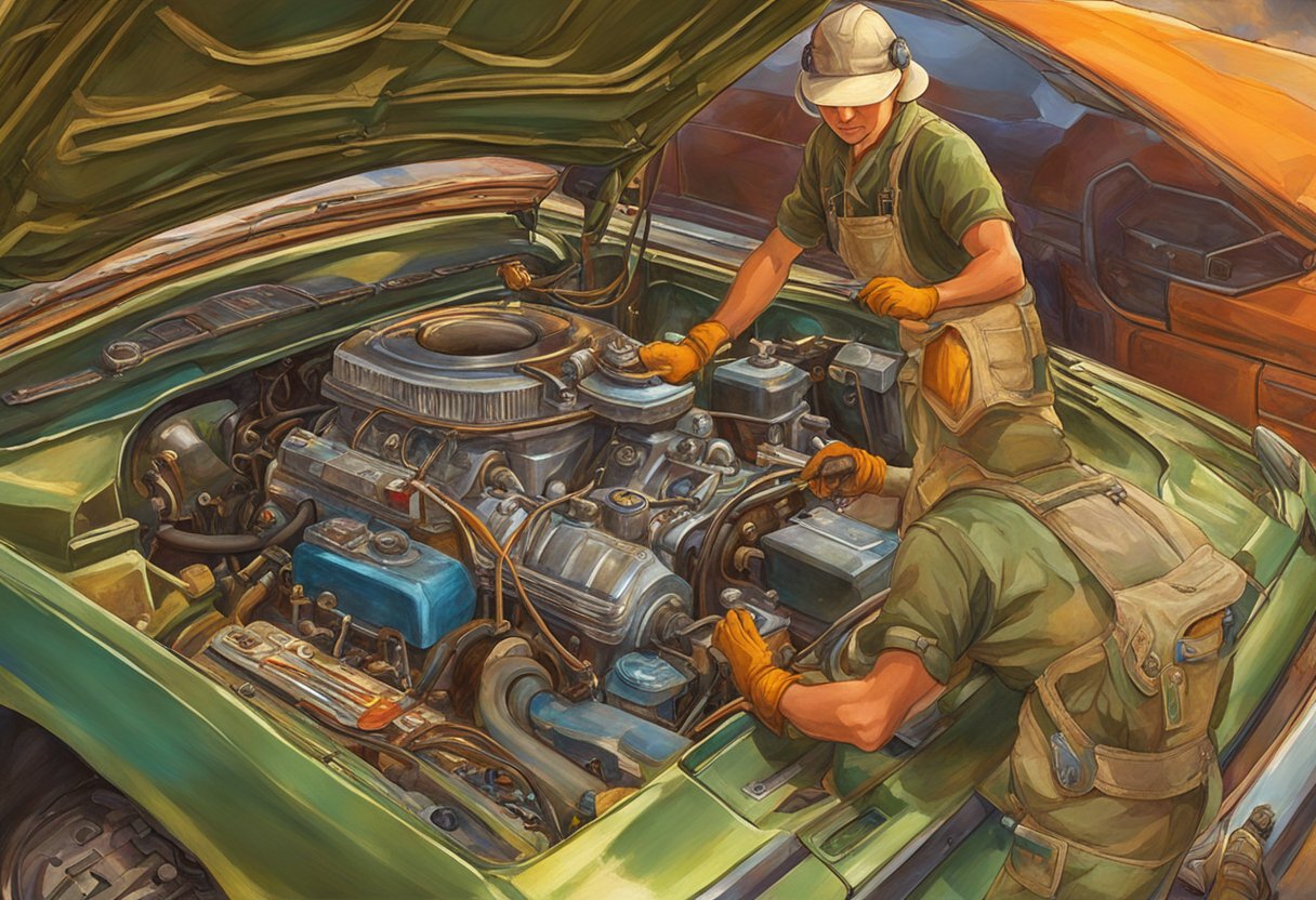 A mechanic replaces the crankshaft position sensor in a car engine, using tools and diagnostic equipment