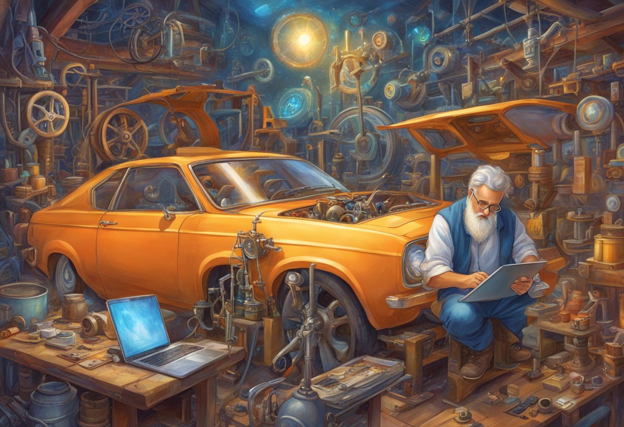 A mechanic examines a car's crankshaft sensor, surrounded by diagnostic tools and repair manuals, with a laptop displaying error code P0336