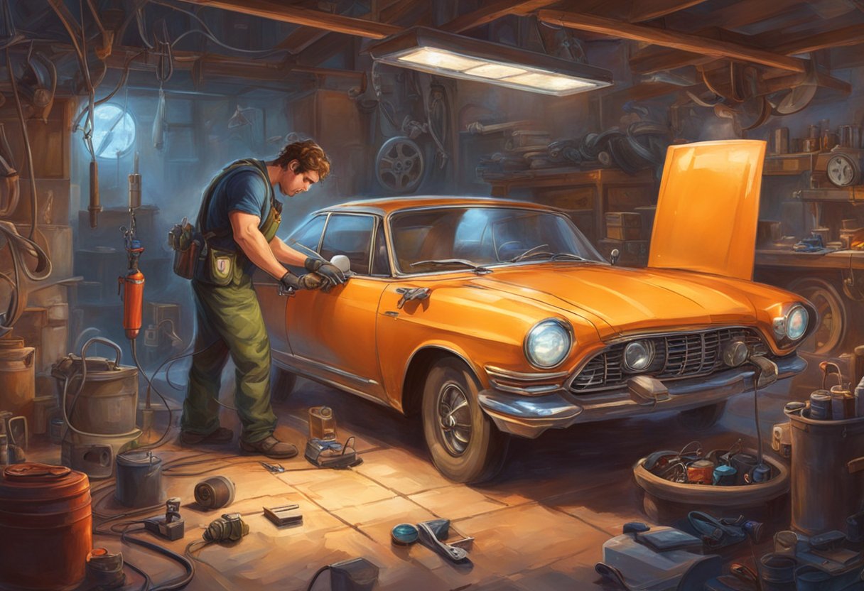 A mechanic diagnoses a car's knock sensor using a multimeter and diagnostic tool. The car is parked in a well-lit garage with tools scattered around