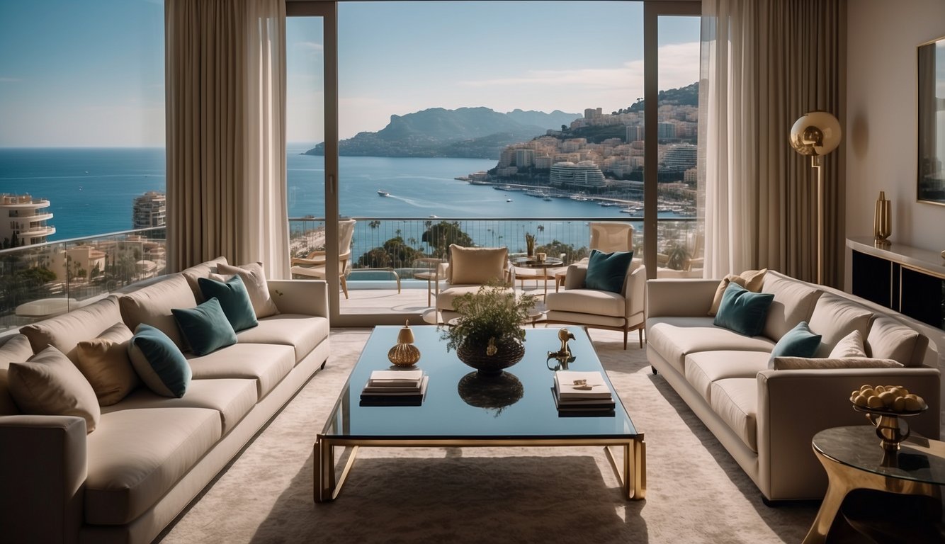 A luxurious living room in Monaco, featuring modern furniture, a panoramic view of the Mediterranean Sea, and elegant decor with a touch of glamour