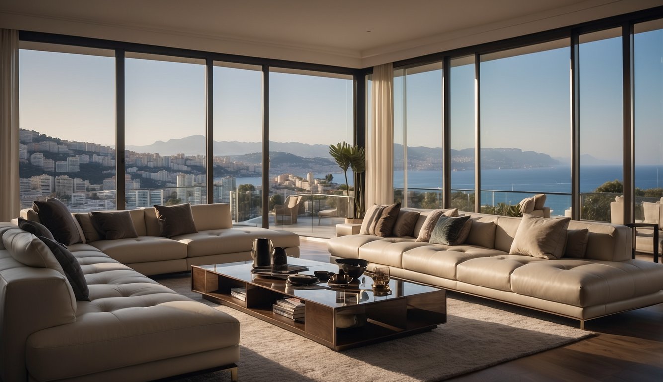 A luxurious living room with sleek, modern furniture, soft ambient lighting, and panoramic views of the Monaco coastline