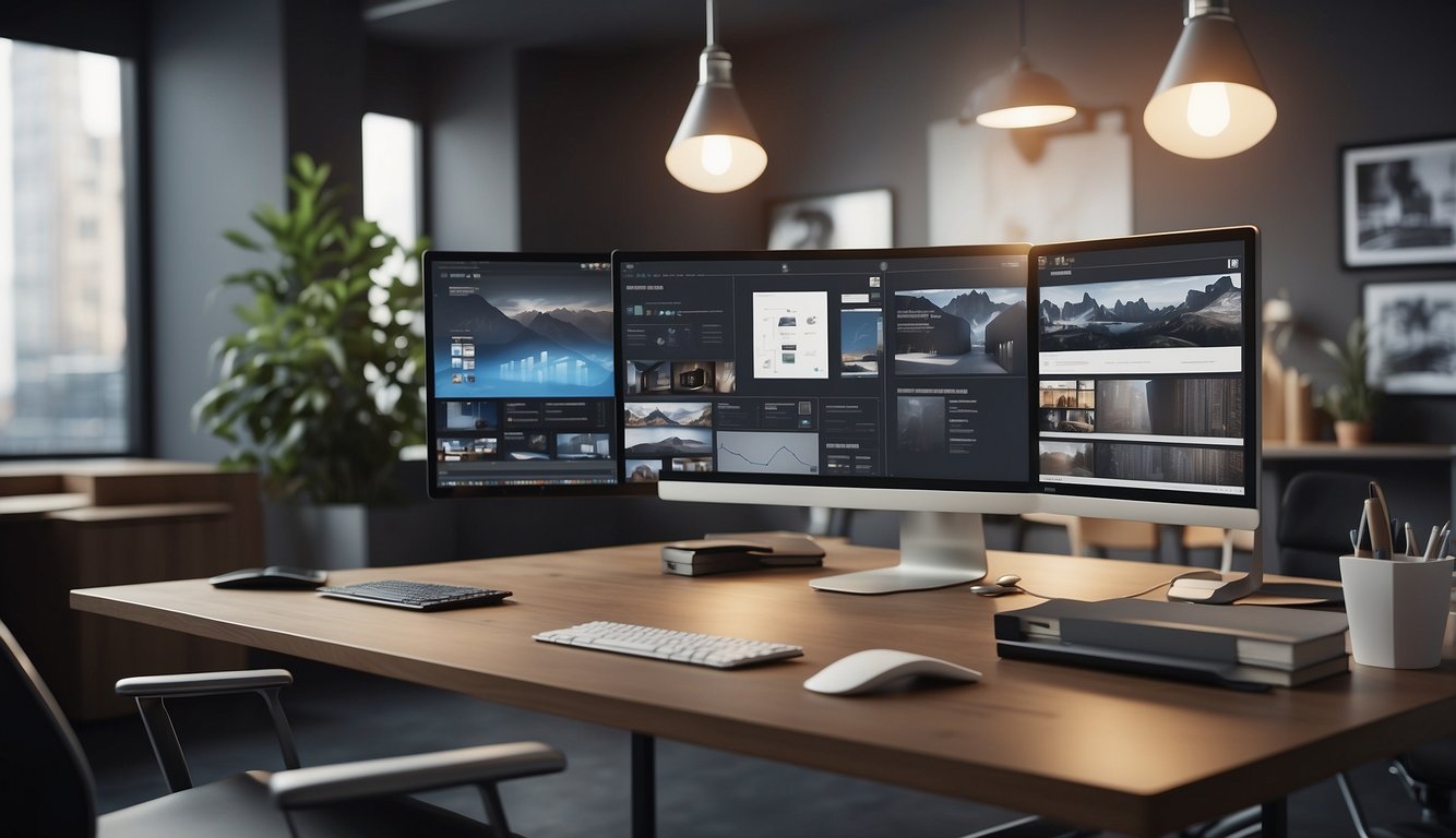 A sleek, modern office space with a designer's desk, mood boards, fabric swatches, and a computer displaying 3D renderings