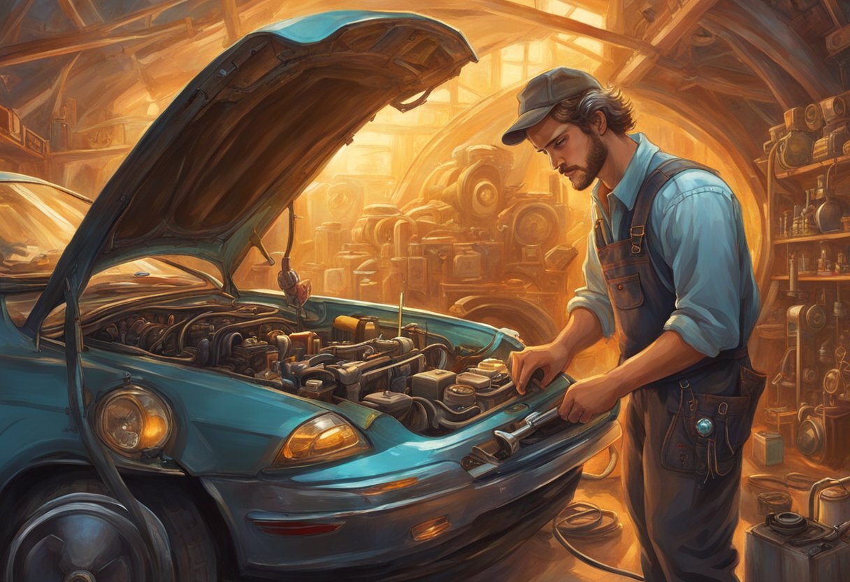 A mechanic inspects a car engine, checking the knock sensor circuit for low input. Tools and diagnostic equipment are scattered around the work area