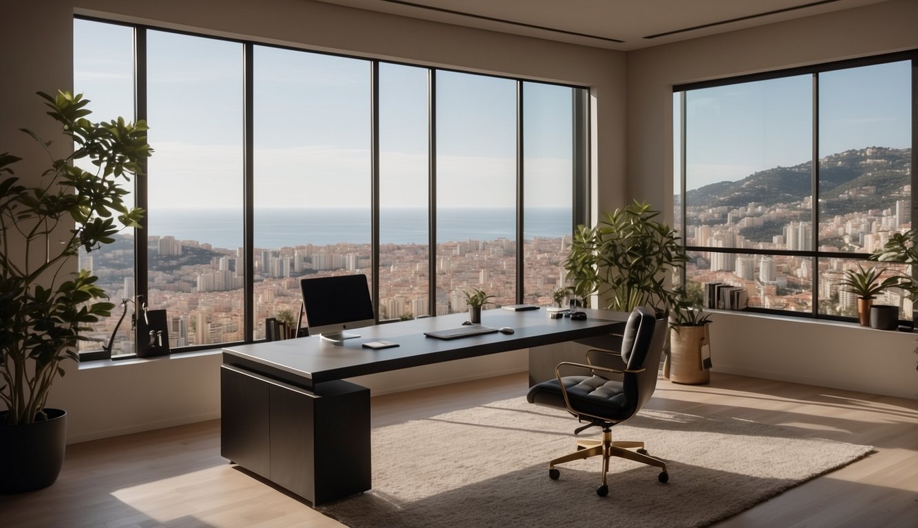 An elegant and modern interior design studio in Monaco, with a sleek desk, mood boards, and a large window overlooking the city skyline